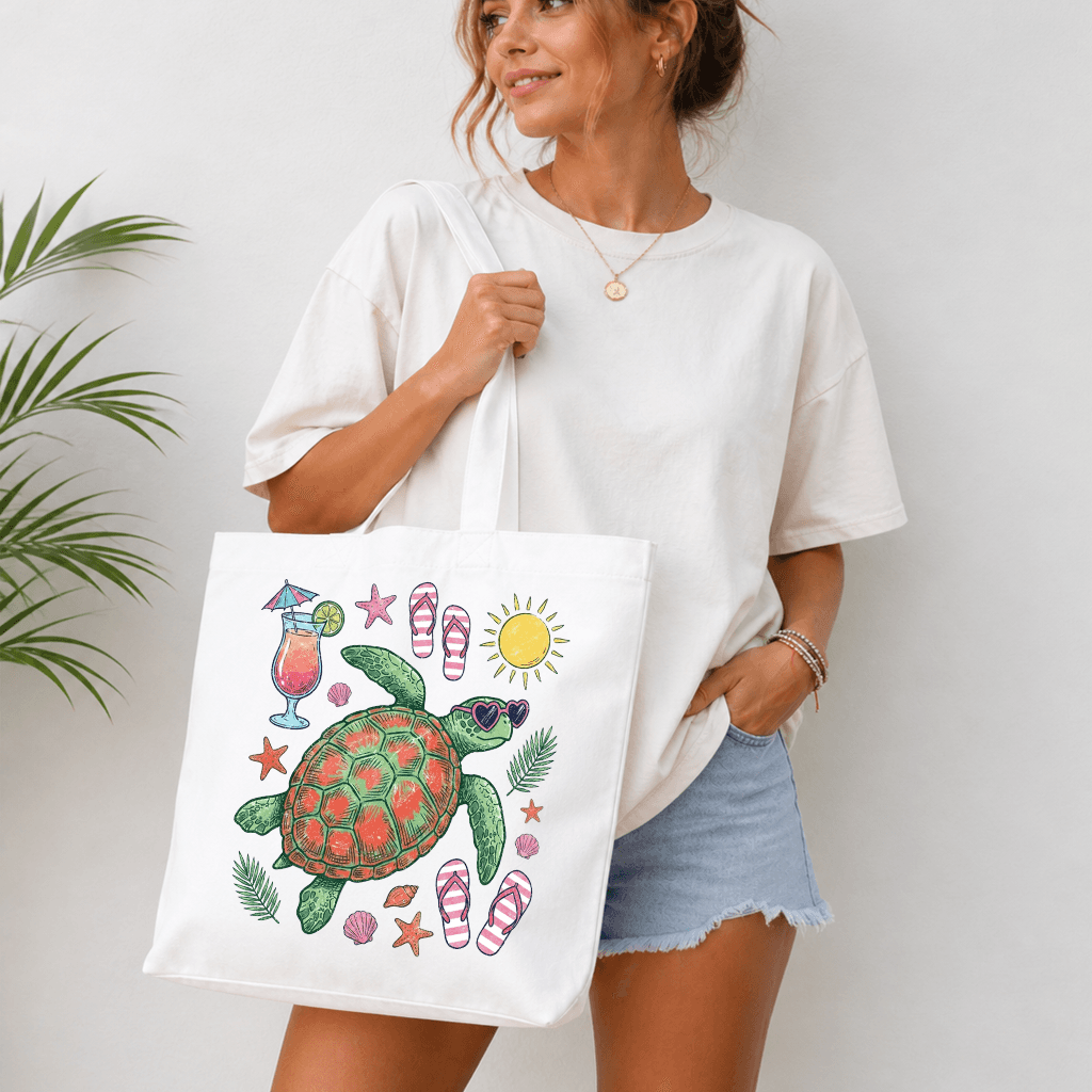 Turtle Beach Cotton tote bag - Cute Sea Turtle Summer Vacation Gift for women, Turtle Lovers thumbnail - back view