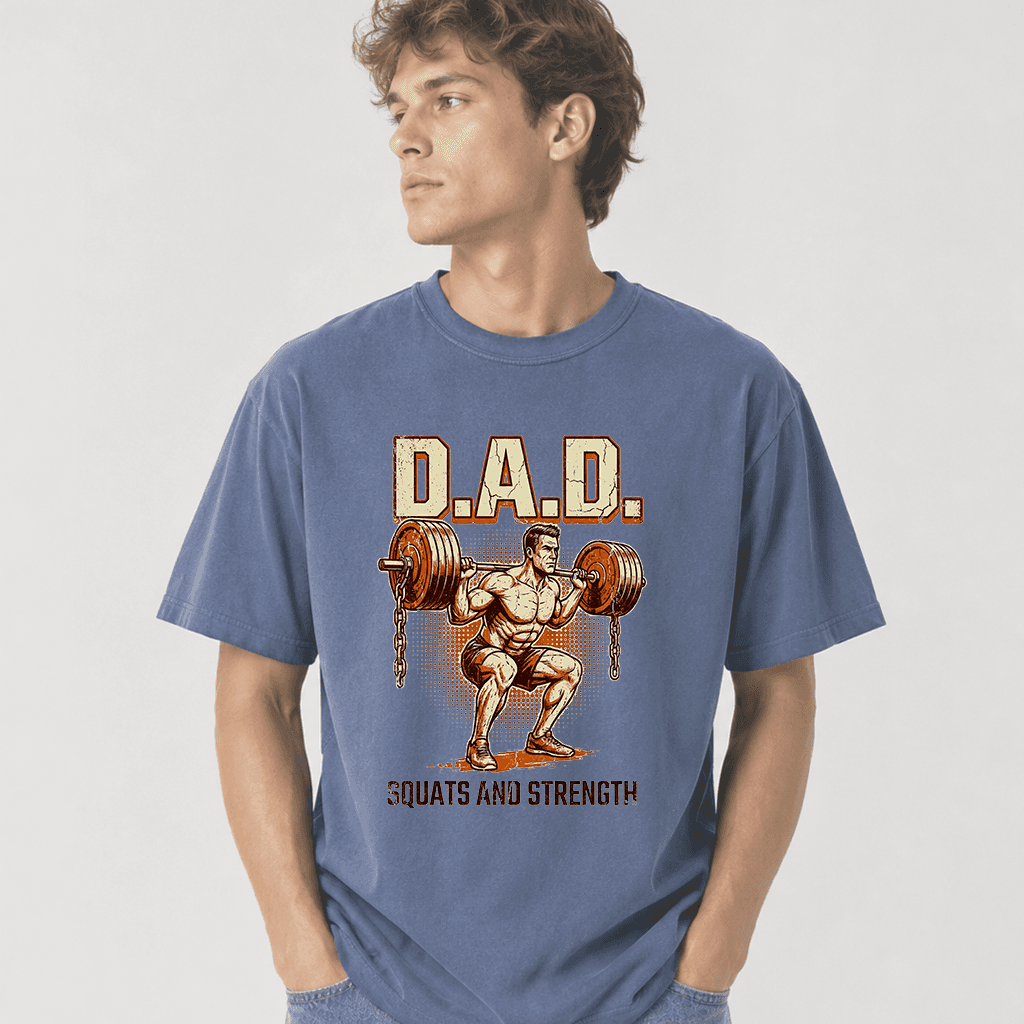Comfort Colors Dad Squats And Strength Retro Dad Deadlift Shirt - Funny Powerlifting Gift for Father's Day thumbnail - detail view