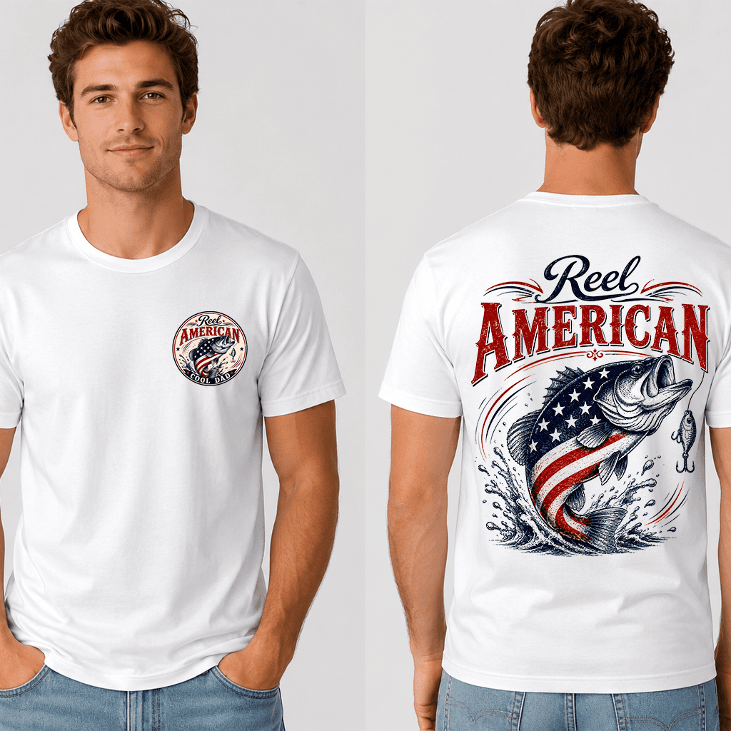 Reel America Cool Dad Fishing T-Shirt 2 sided - 4th of July Fishing Gift for Him thumbnail - detail view