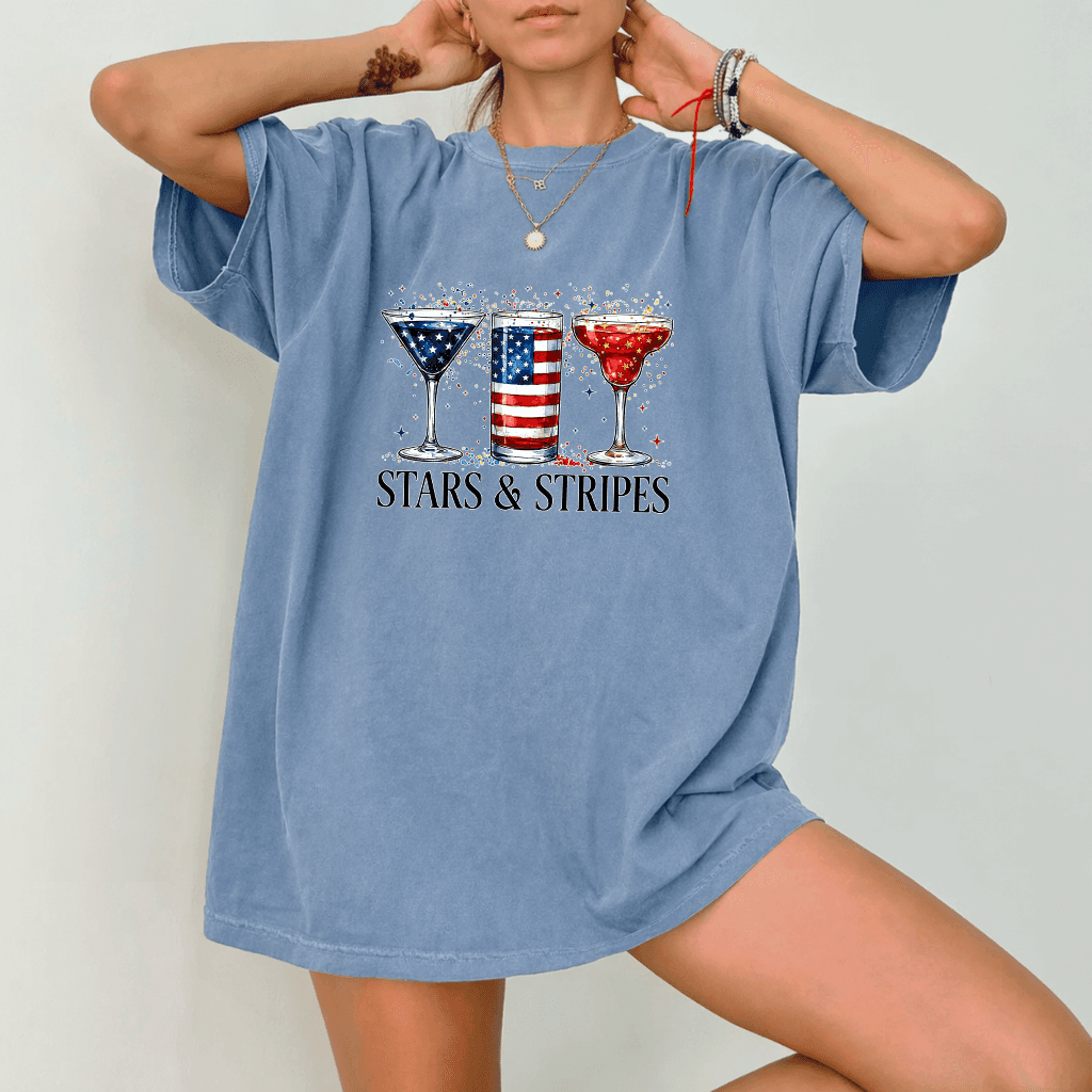 Comfort Colors Retro Stars & Stripes Cocktails Patriotic USA Flag Drinking Shirt - Funny Independence Day Gift for women thumbnail - detail view