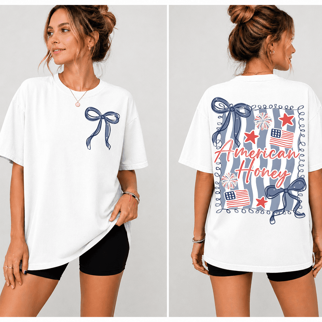 American Honey Coquette 4th Of July T-Shirt | Girly Independence Day Gift for Her thumbnail - back view