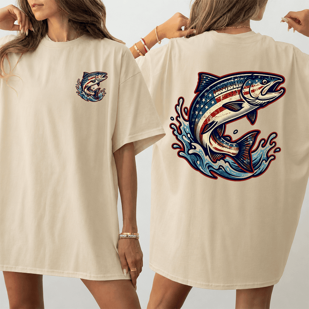 Vintage 90s America Flag Bass Fishing T-Shirt - Patriotic Fishing Gift for Him & Her thumbnail - detail view