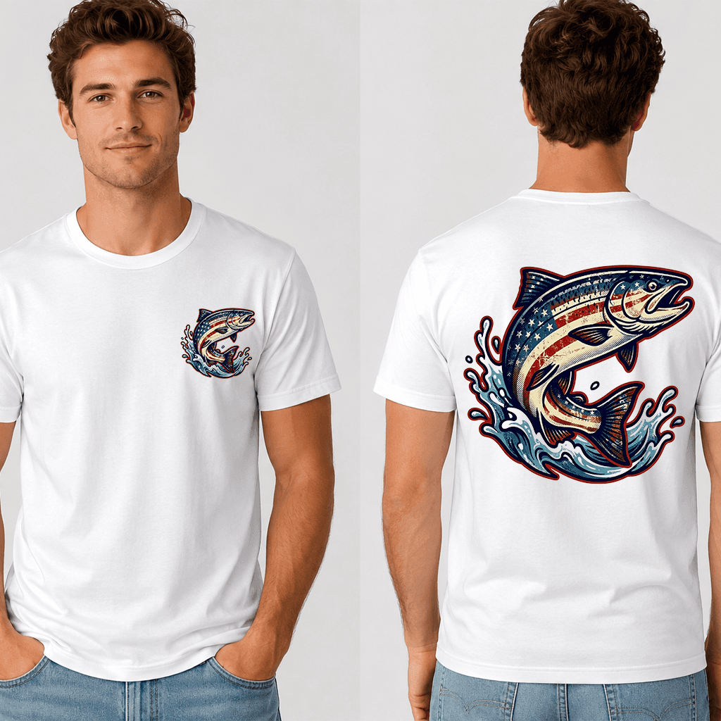 Vintage 90s America Flag Bass Fishing T-Shirt - Patriotic Fishing Gift for Him & Her thumbnail - back view