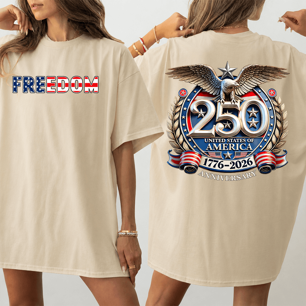 Freedom USA 250th Anniversary T-Shirt | 1776–2026 America Eagle Apparel | Patriotic Gift for Him & Her thumbnail - detail view