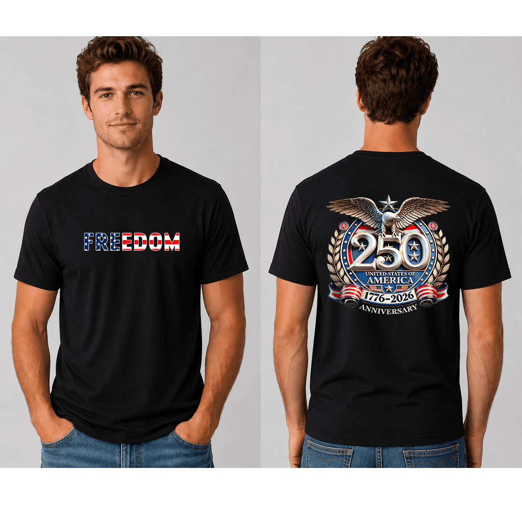 Freedom USA 250th Anniversary T-Shirt | 1776–2026 America Eagle Apparel | Patriotic Gift for Him & Her thumbnail - back view