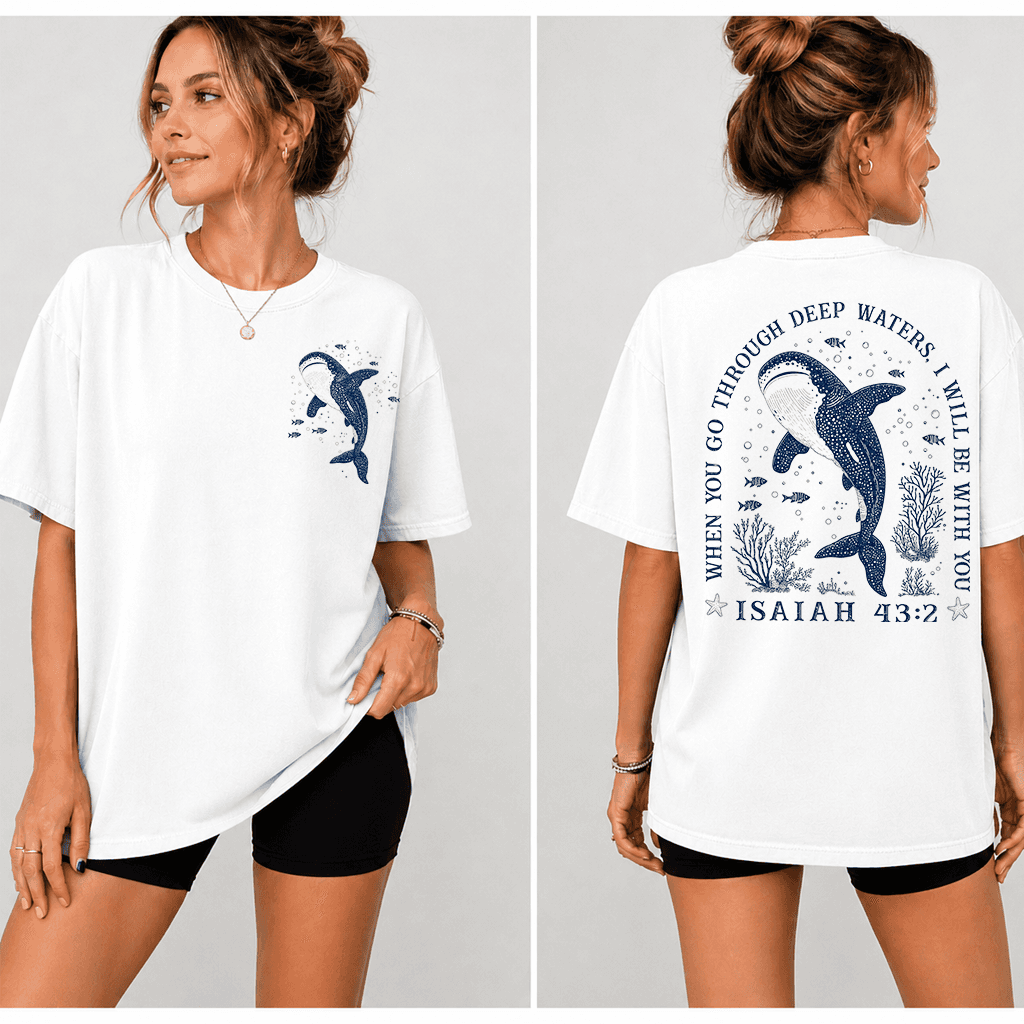 When You Go Through Deep Waters Isaiah 43:2 Beach Whale Shark T-shirt| Ideal Gift for Christians thumbnail - detail view