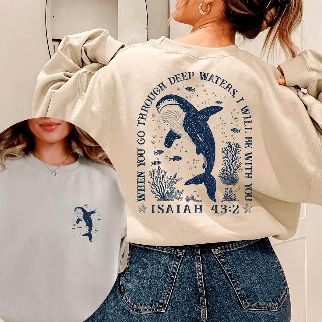 When You Go Through Deep Waters Isaiah 43:2 Beach Whale Shark T-shirt| Ideal Gift for Christians thumbnail - back view