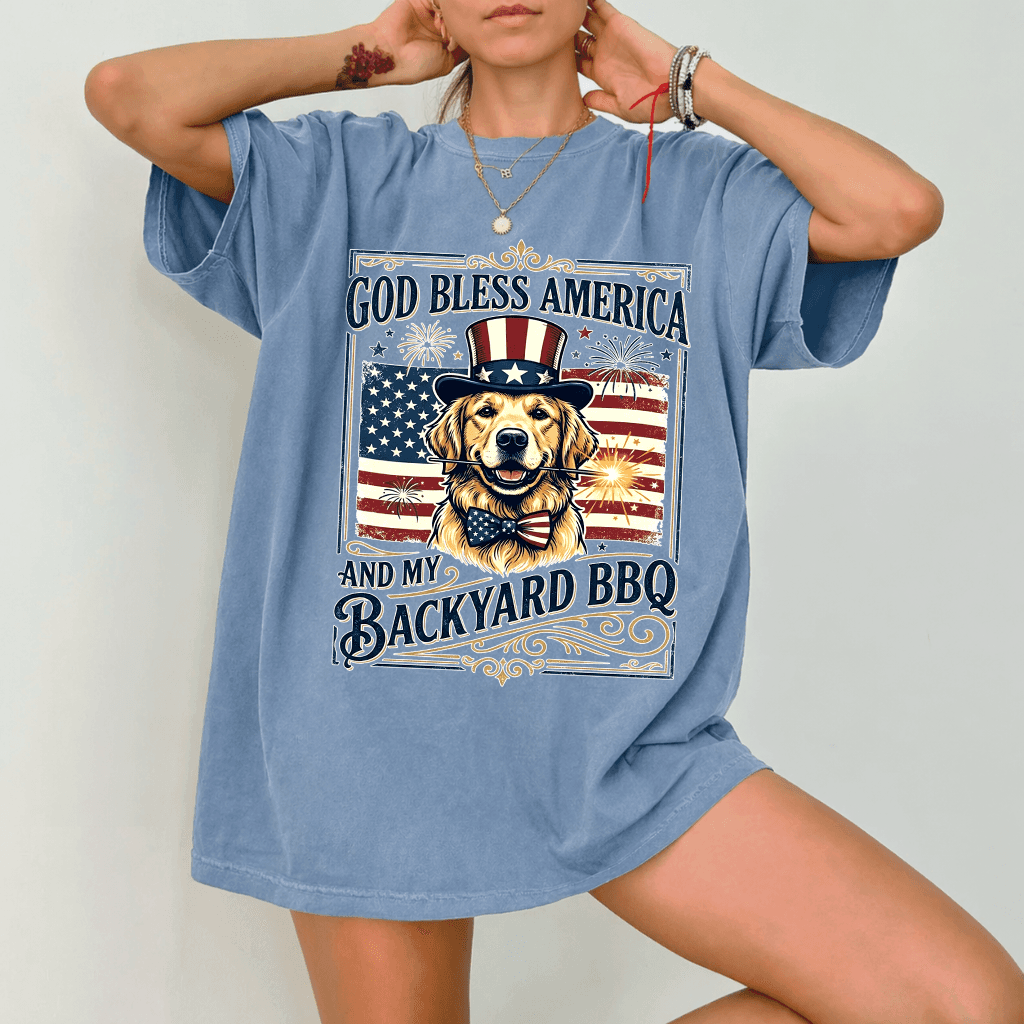 Comfort Colors Patriotic Golden Retriever 4th of July Shirt - God Bless America USA Flag Shirt - Funny Independence Day Gift for Dog Lovers thumbnail - detail view