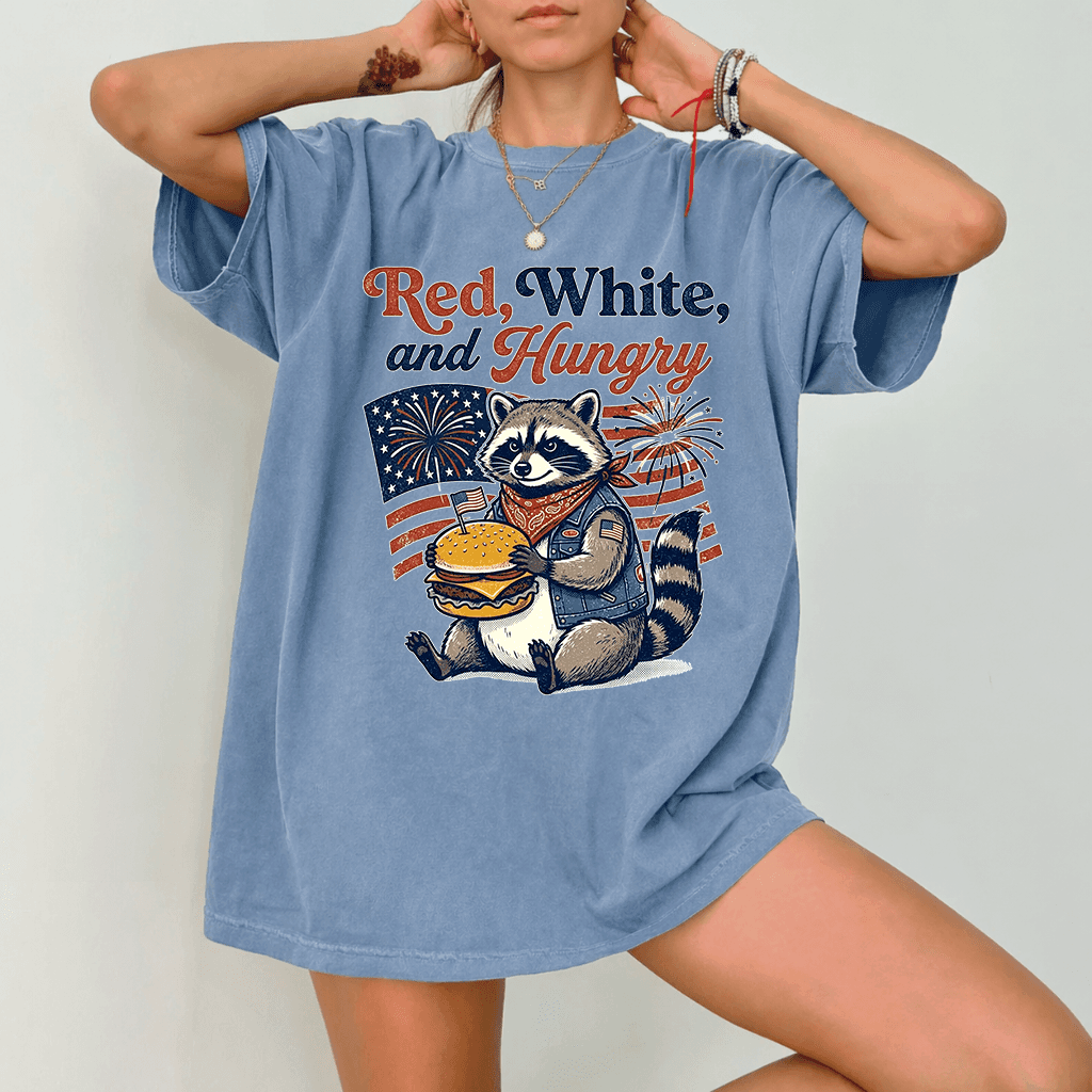Red White & Hungry Patriotic USA Raccoon Comfort Color Shirt - Cute 4th of July American Gift for Raccoon Lovers thumbnail - detail view