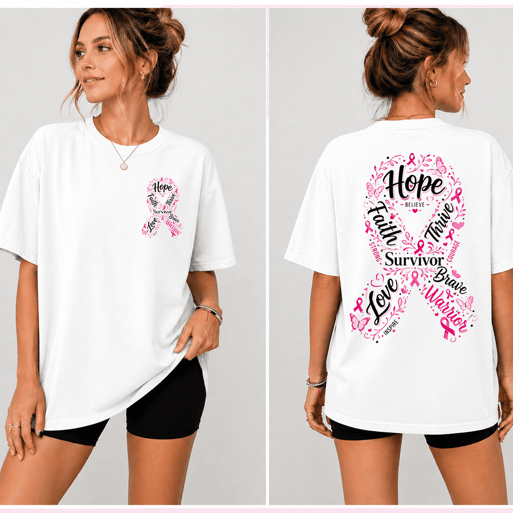 Faith Hope Love Breast Cancer Survivor Pink Ribbon T-shirt| Ideal Gift for Breast Cancer Fighter thumbnail - back view