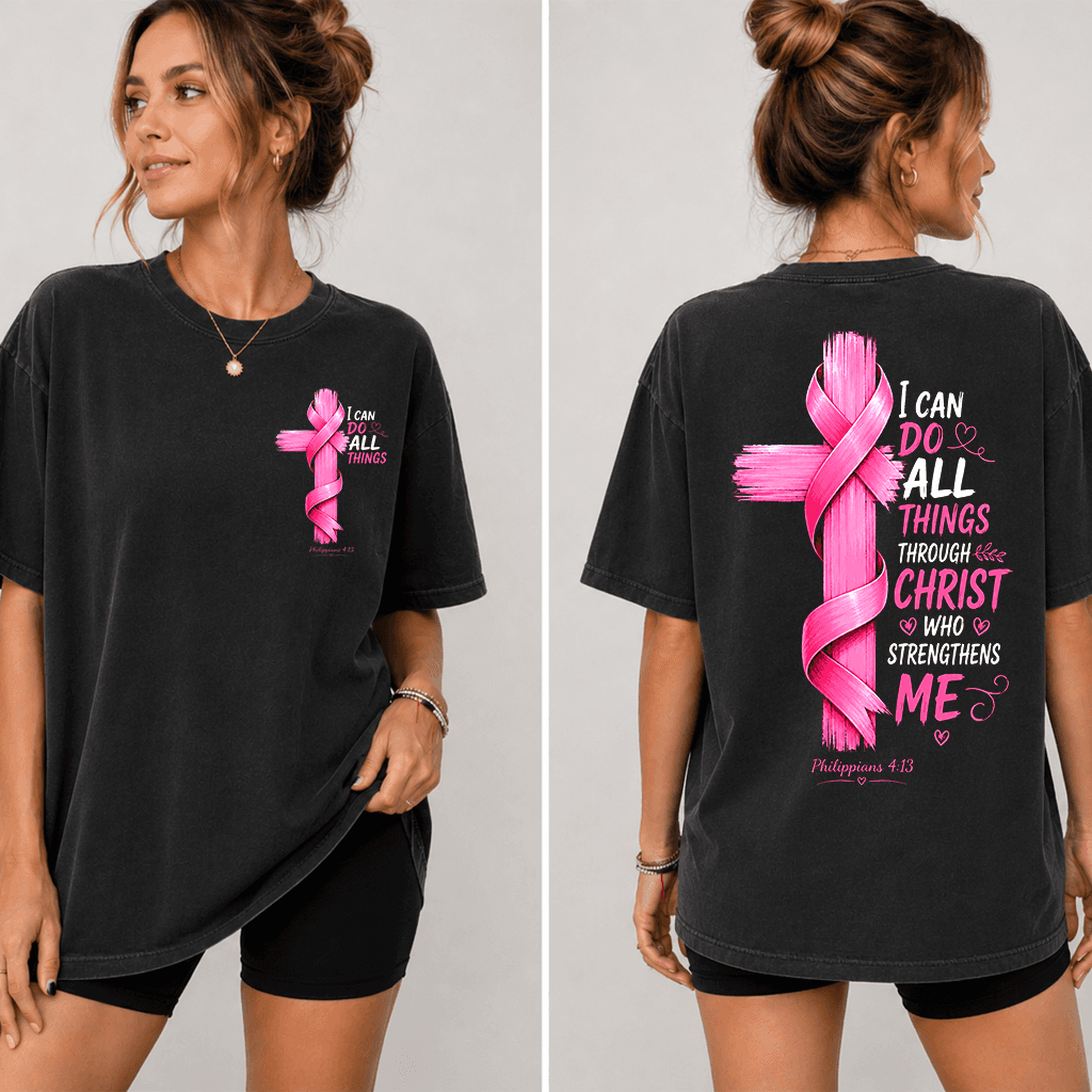 I Can Do All Things Through Christ Pink Ribbon T-shirt | Christian Gift for Breast Cancer Fighter thumbnail - back view