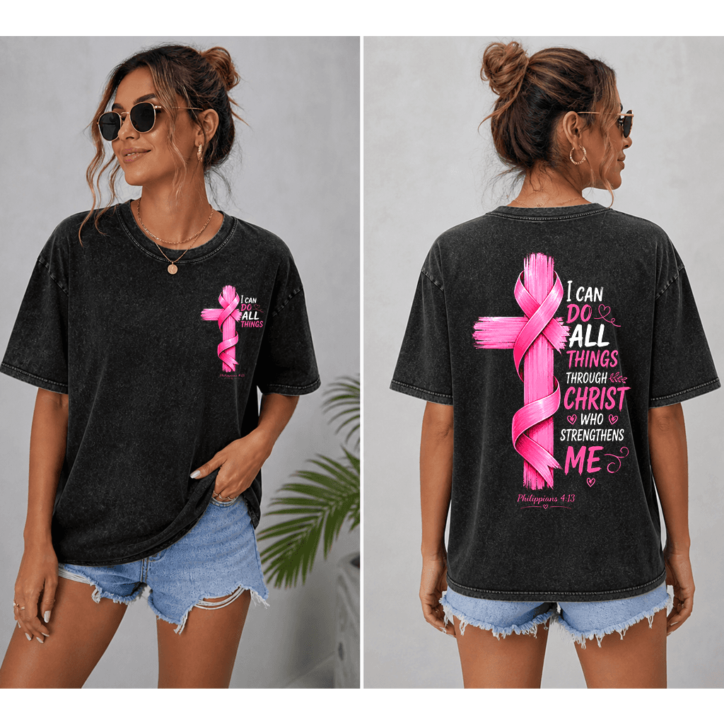 I Can Do All Things Through Christ Pink Ribbon T-shirt | Christian Gift for Breast Cancer Fighter thumbnail - detail view