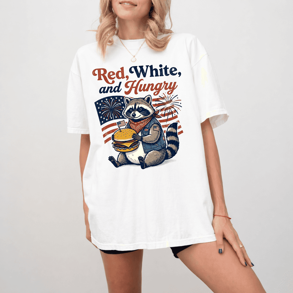 Red White & Hungry Patriotic USA Raccoon Comfort Color Shirt - Cute 4th of July American Gift for Raccoon Lovers thumbnail - back view