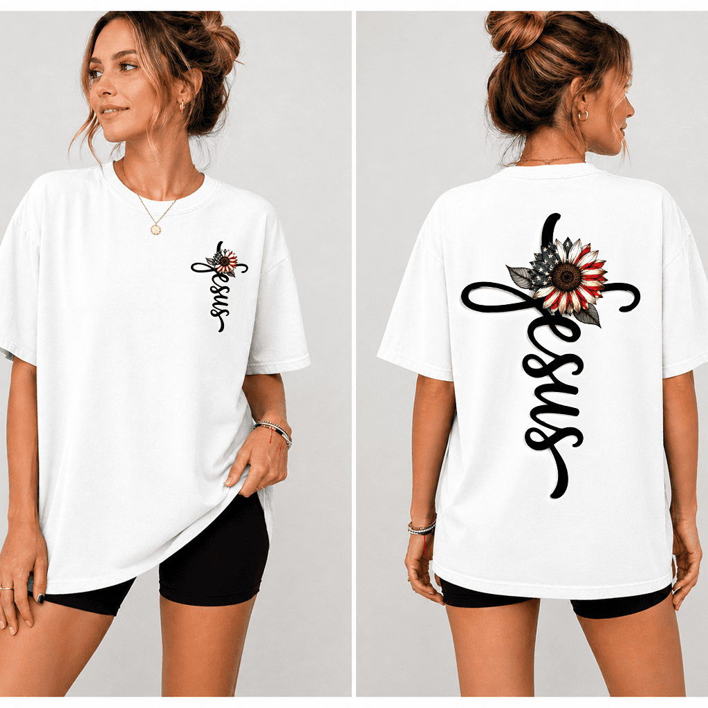 USA Flag Sunflower Jesus T-Shirt - Christian Faith Gift for 4th of July thumbnail - detail view