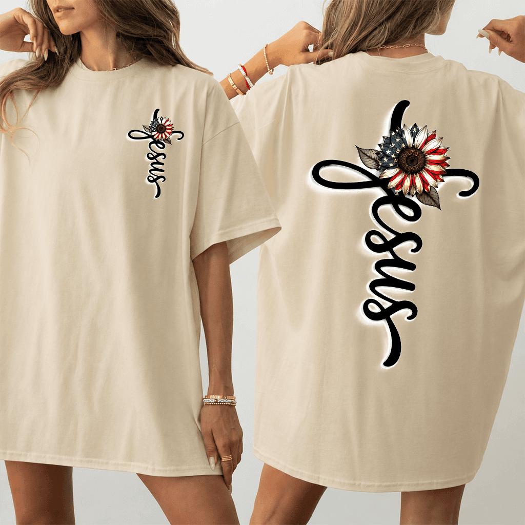 USA Flag Sunflower Jesus T-Shirt - Christian Faith Gift for 4th of July thumbnail - back view