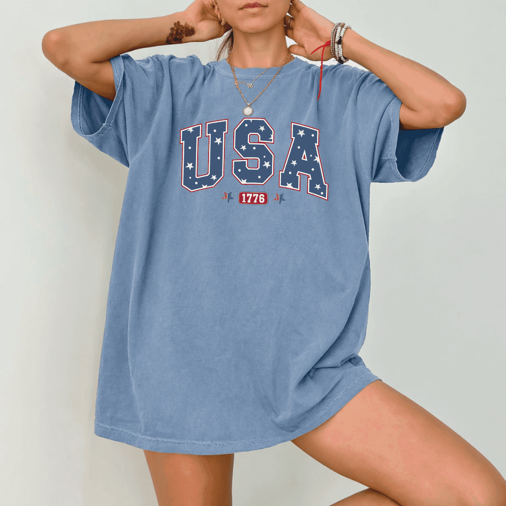Comfort Colors USA 1776 Fourth of July Shirt - USA Flag Patriotic Gift for men and women thumbnail - detail view