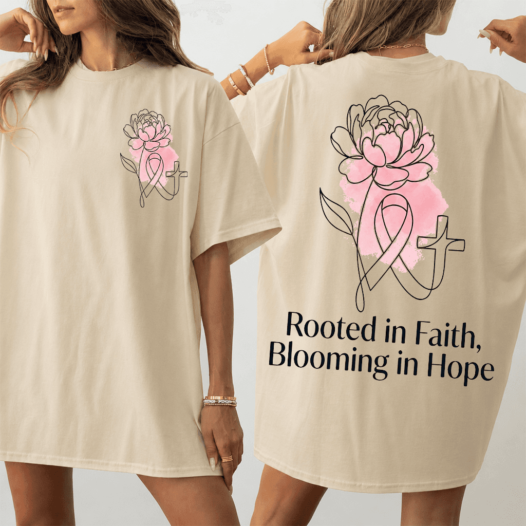 Rooted In Faith Blooming In Hope Pink Ribbon T-shirt| Breast Cancer Warrior Gift for Her thumbnail - detail view