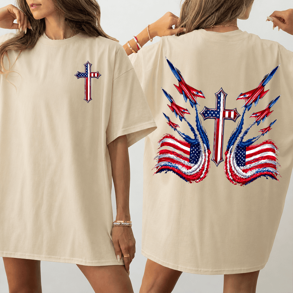 USA Fighter Jets 4th of July Patriotic Christian T-Shirt - Independence Day Gift for Him & Her thumbnail - detail view
