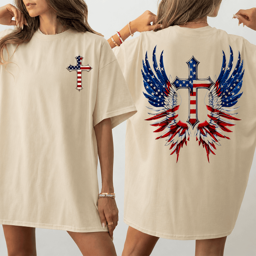 One Nation Under God American Flag Christian Cross T-Shirt - Eagle Wing Patriotic Christian Gift for 4th of July thumbnail - back view