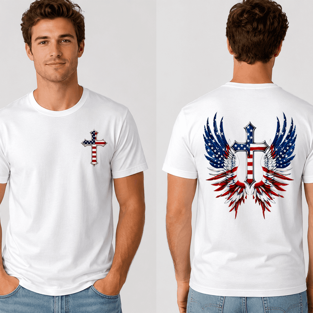 One Nation Under God American Flag Christian Cross T-Shirt - Eagle Wing Patriotic Christian Gift for 4th of July thumbnail - detail view