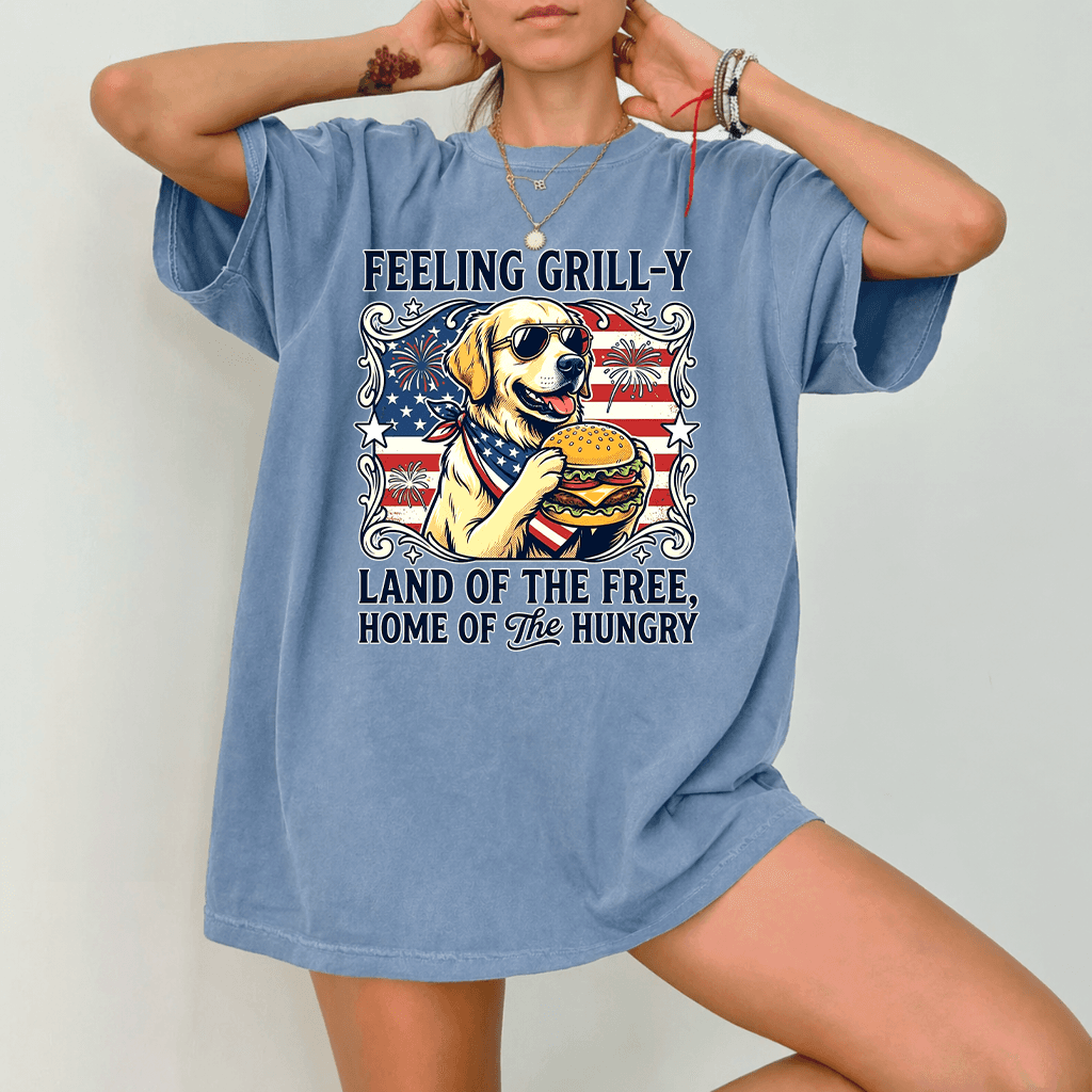 Comfort Colors Land of The Free Patriotic USA Golden Retriever Dog Shirt - Cute Golden 4th of July America Flag Gift for Dog Lovers thumbnail - detail view