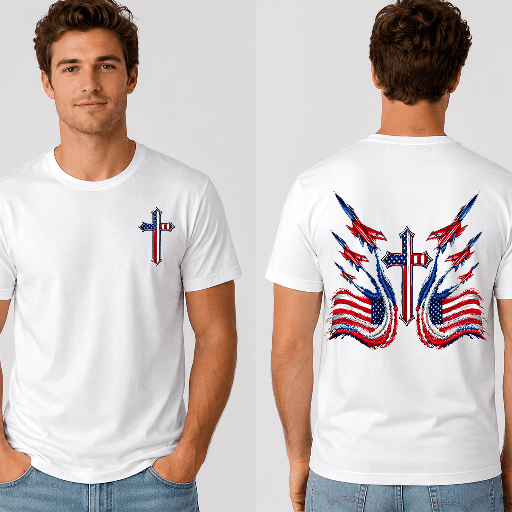 USA Fighter Jets 4th of July Patriotic Christian T-Shirt - Independence Day Gift for Him & Her thumbnail - back view