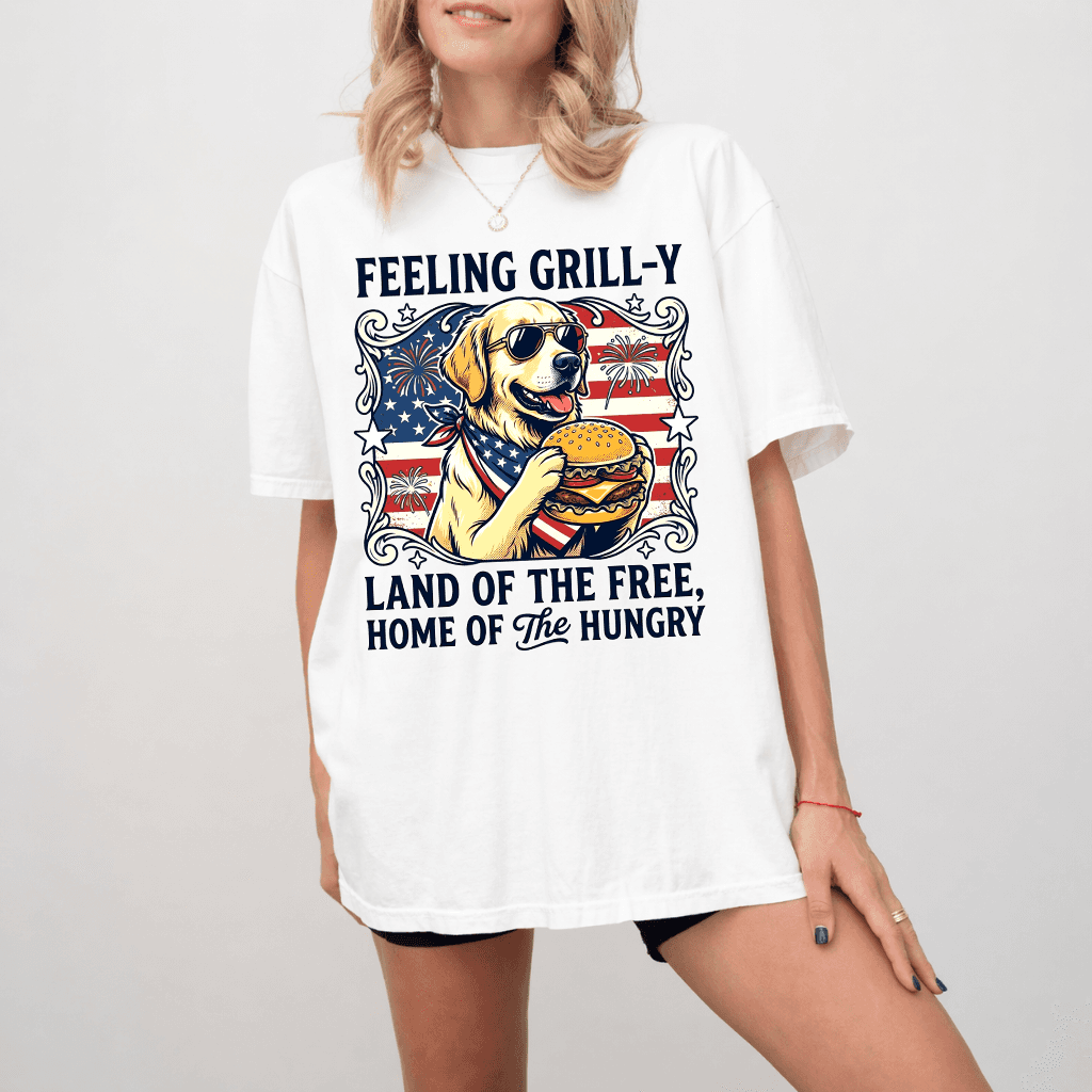 Comfort Colors Land of The Free Patriotic USA Golden Retriever Dog Shirt - Cute Golden 4th of July America Flag Gift for Dog Lovers thumbnail - back view
