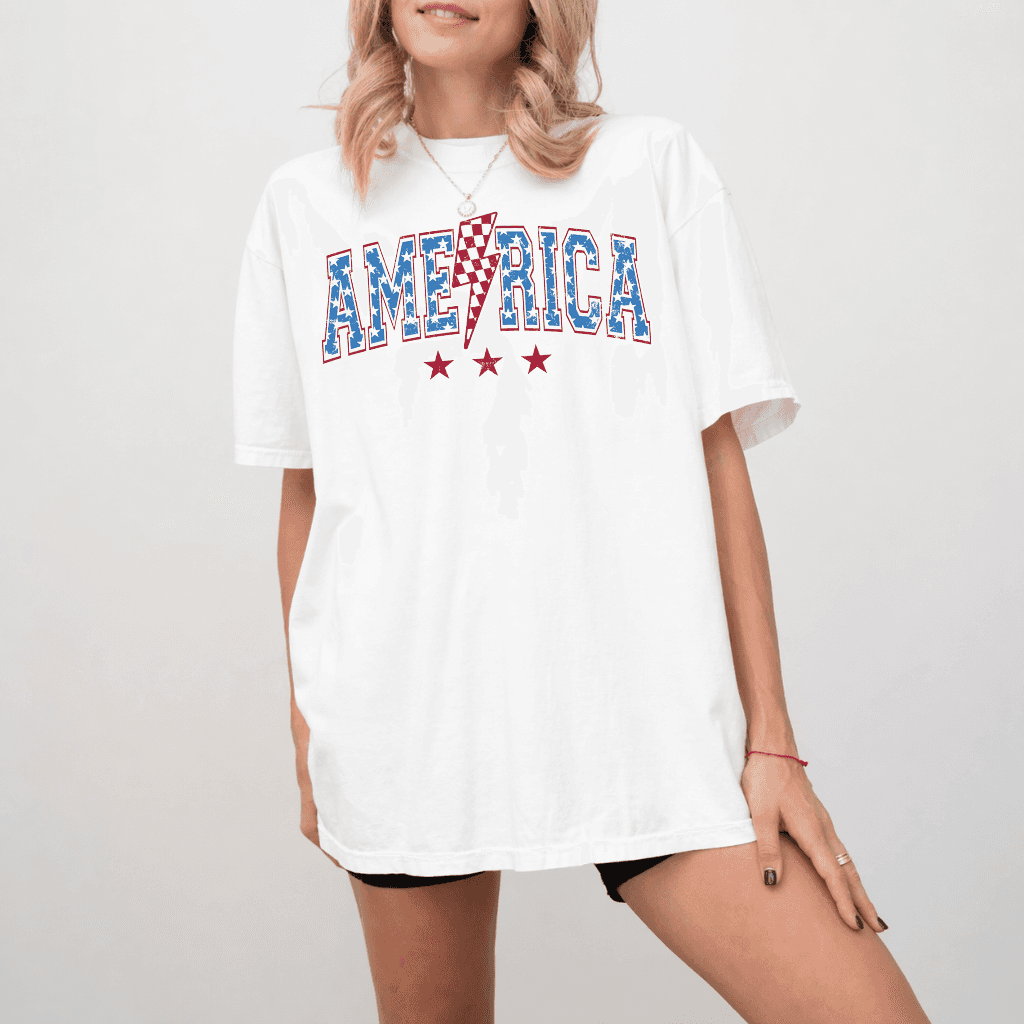 Comfort Colors Retro America USA Flag Lightning Shirt - Perfect Independence Day Gift for men and women thumbnail - back view