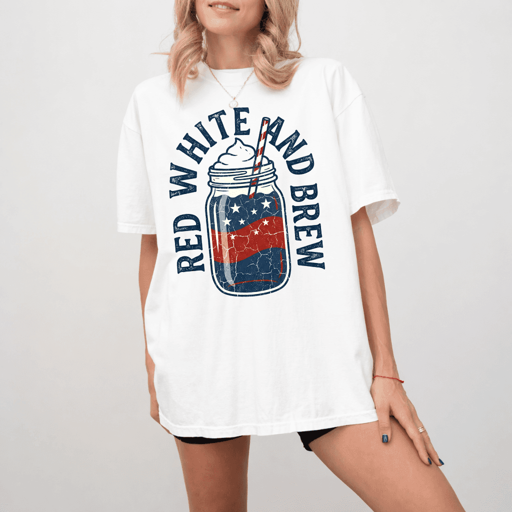 Comfort Color Red White and Brew Patriotic American Coffee Shirt - Funny 4th of July Gift for men women thumbnail - back view