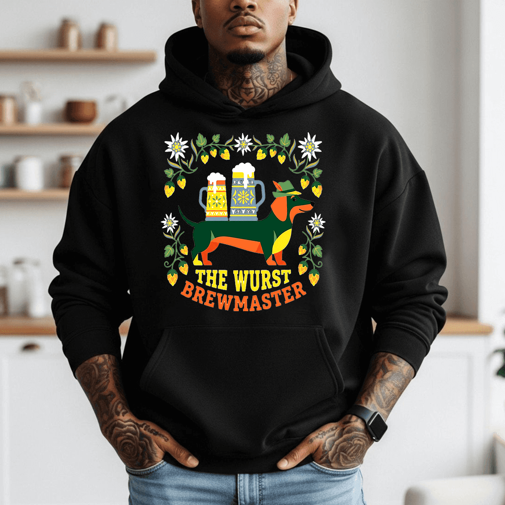 The Wurst Brewmaster Dachshund Oktoberfest Hoodie | Funny German Oktoberfest Gift for Beer Lovers thumbnail - detail view