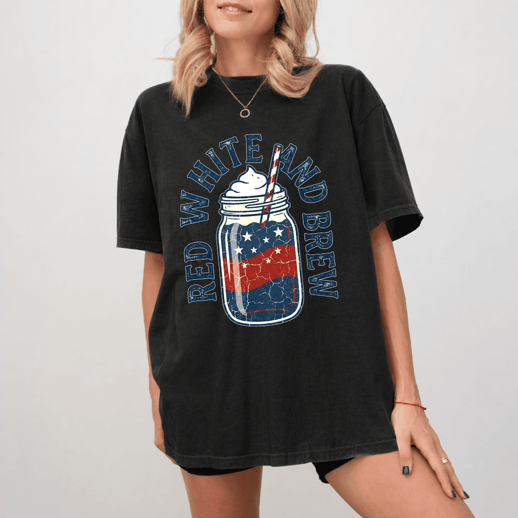 Comfort Color Red White and Brew Patriotic American Coffee Shirt - Funny 4th of July Gift for men women thumbnail - detail view