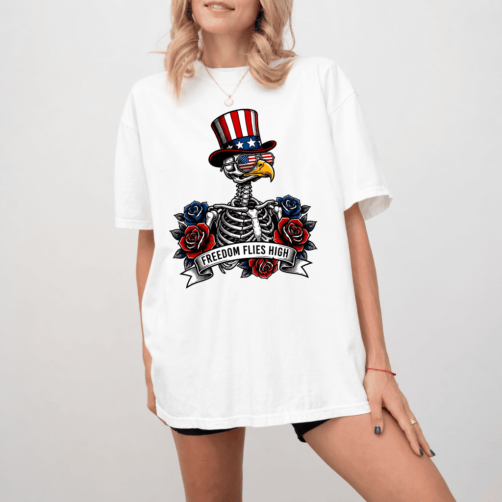 Comfort Colors 4th of July Patriotic Eagle Skeleton Shirt - Funny Freedom USA Eagle Shirt - Funny Independence Day Gift for men & women thumbnail - back view