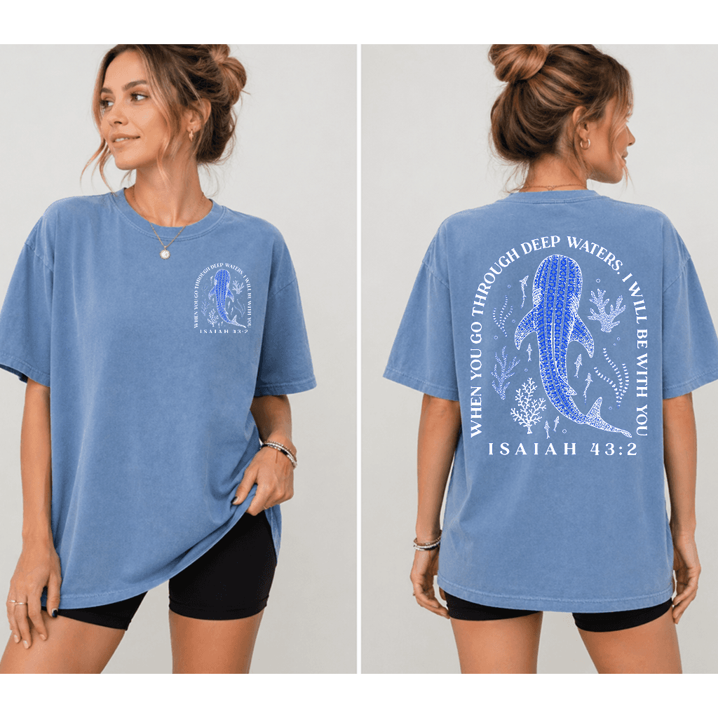 When You Through Deep Waters Retro Whale Shark T-shirt| Isaiah 43:2 Bible Verse Gift for Christians thumbnail - detail view