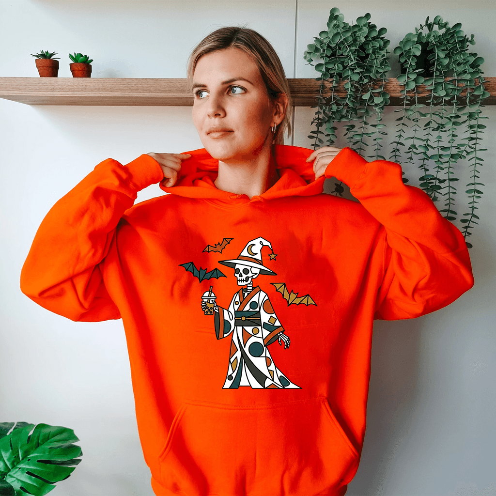 Skeleton Drinking Boba Tea Cute Halloween Skeleton Witch Hoodie| Kawaii Spooky Season Gift for men women thumbnail - back view