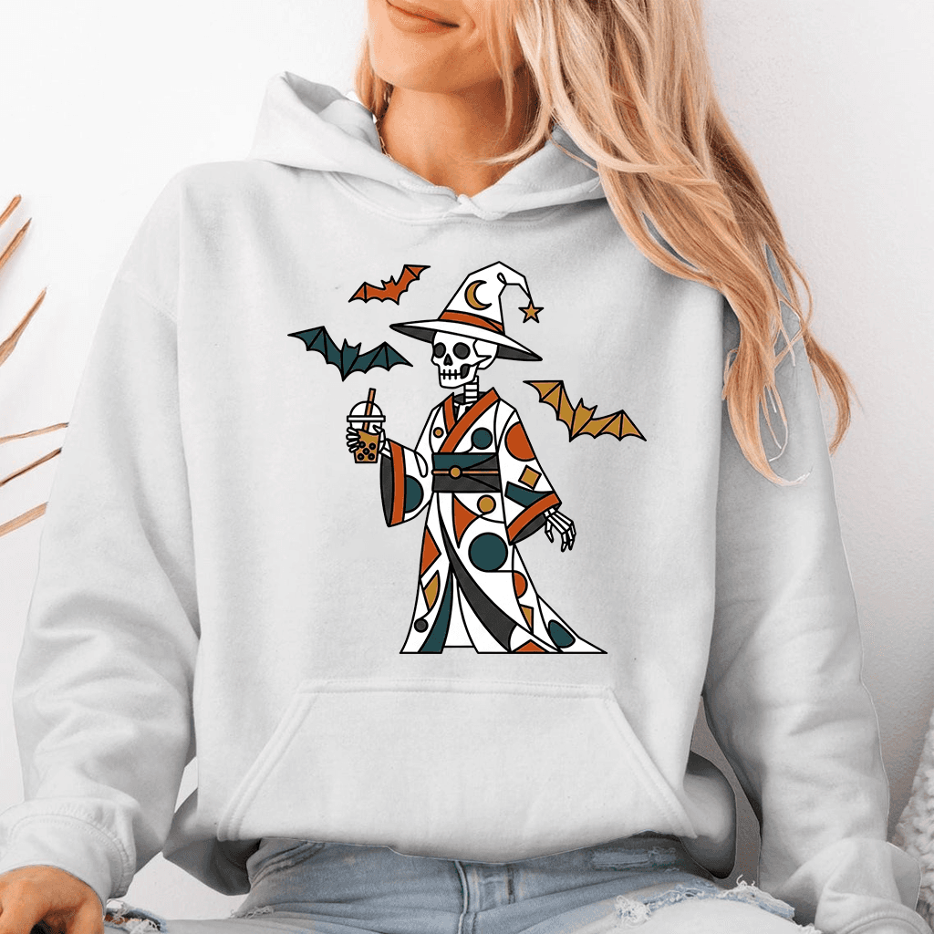 Skeleton Drinking Boba Tea Cute Halloween Skeleton Witch Hoodie| Kawaii Spooky Season Gift for men women thumbnail - detail view