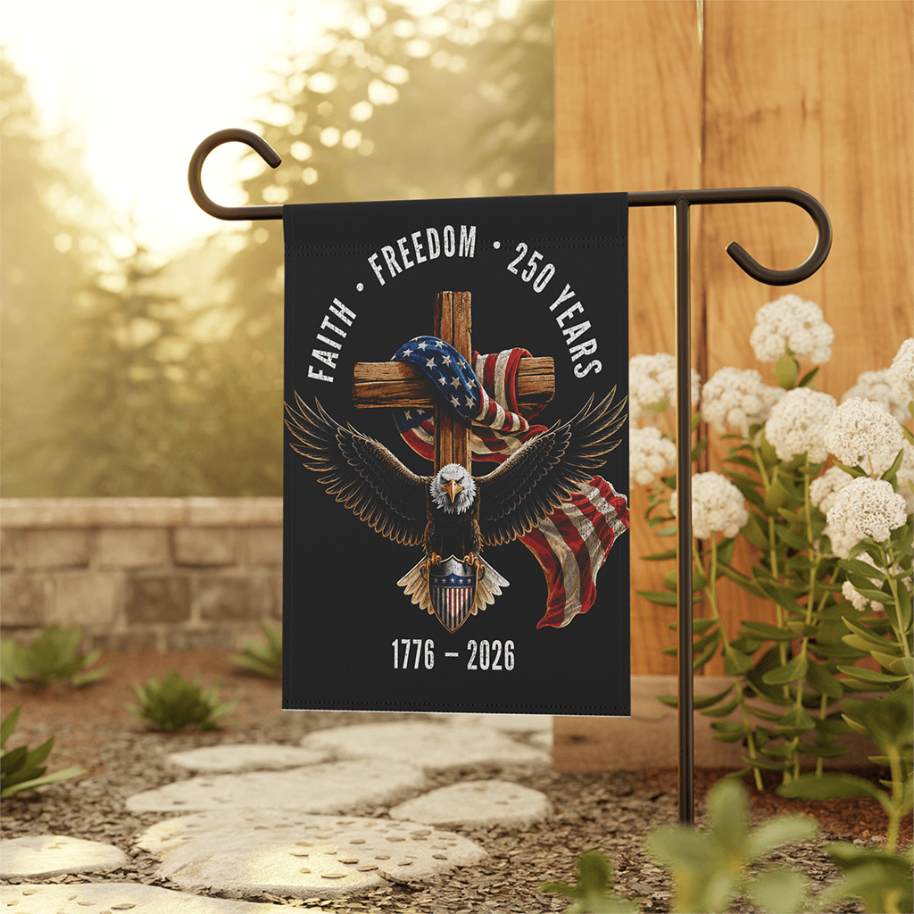 Faith Freedom 250 Years 1776-2026 Christian Cross Garden Flag- 4th of July Gift for Religious Believer thumbnail - back view
