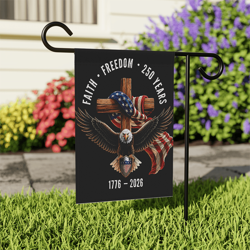 Faith Freedom 250 Years 1776-2026 Christian Cross Garden Flag- 4th of July Gift for Religious Believer thumbnail - front view