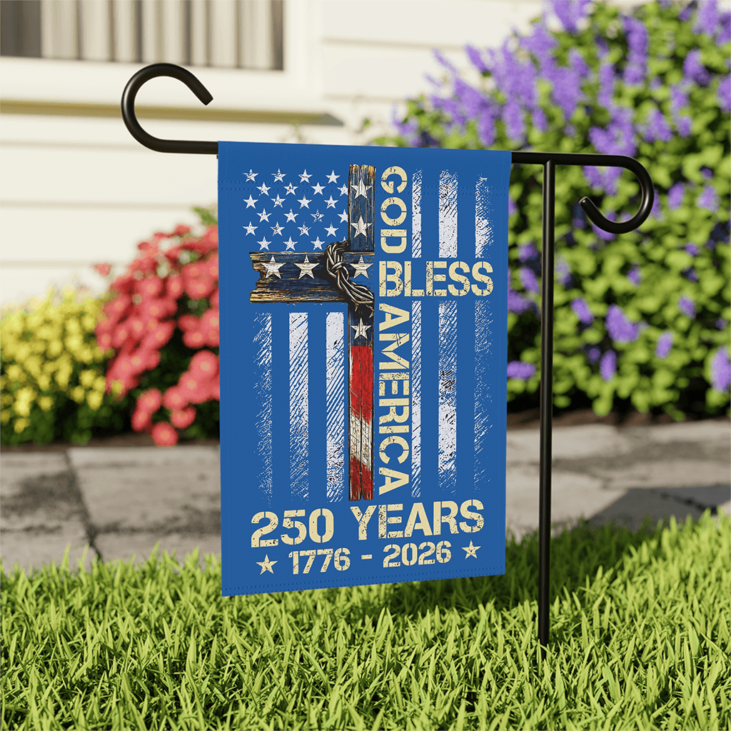 God Bless America Christian Cross Flag House Banner - 250 Years Independence Gift for Him & Her thumbnail - front view