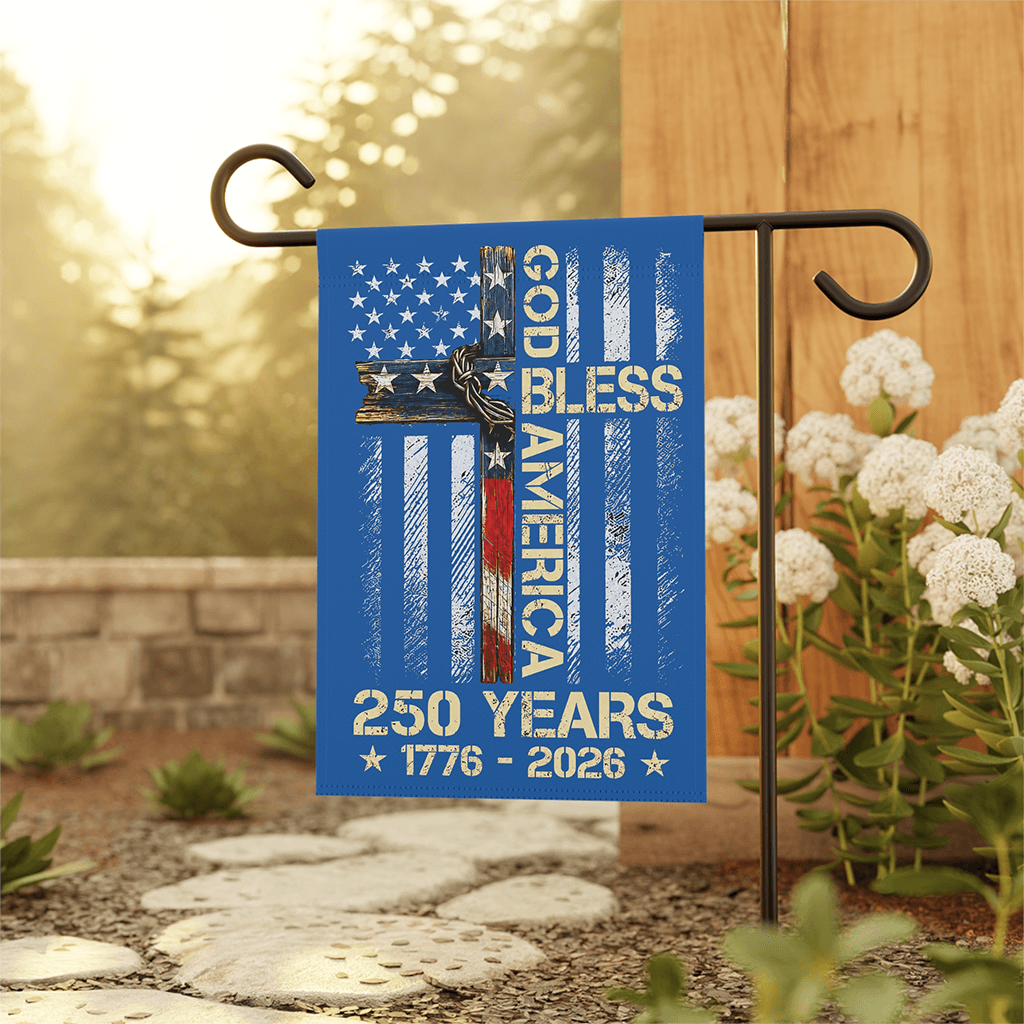 God Bless America Christian Cross Flag House Banner - 250 Years Independence Gift for Him & Her thumbnail - back view