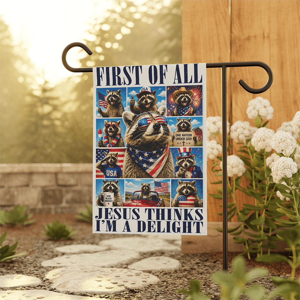 Jesus Thinks I'm A Delight Humor Raccoon Flag - America Patriotic Raccoon House Banner Gift for Independence Day thumbnail - back view