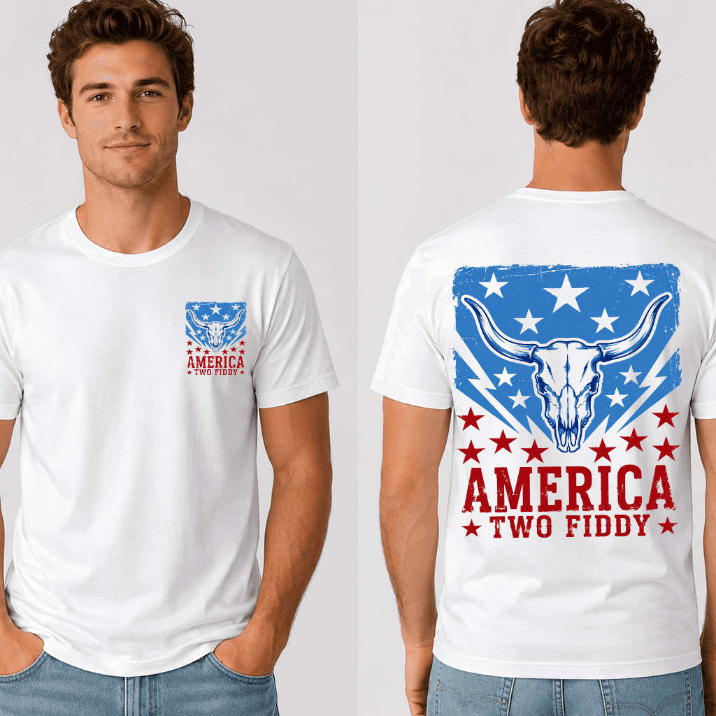 Vintage Western Highland Cow Skull America Two Fiddy T-Shirt for men women thumbnail - detail view