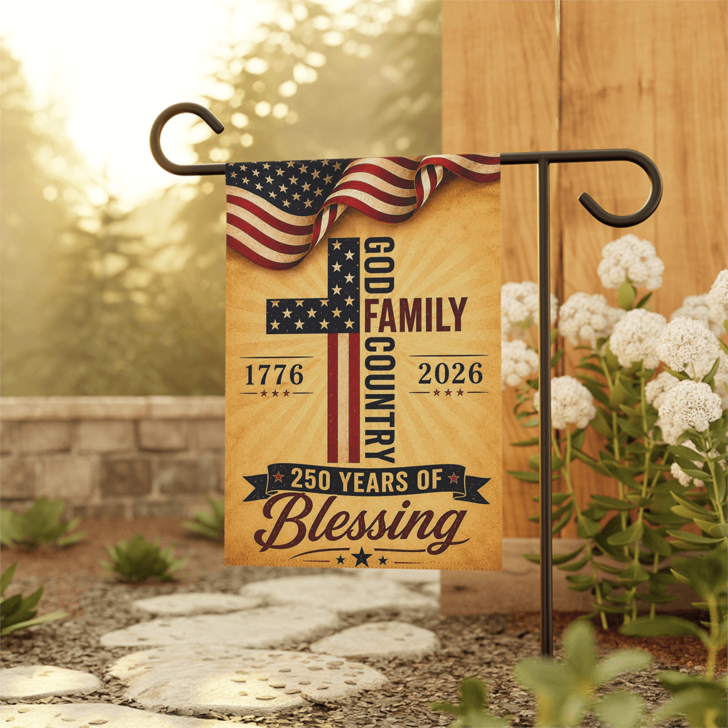 American Faith Patriotic 250th Anniversary Flag - God Family Country Cross Banner Gift for Independence Day thumbnail - back view