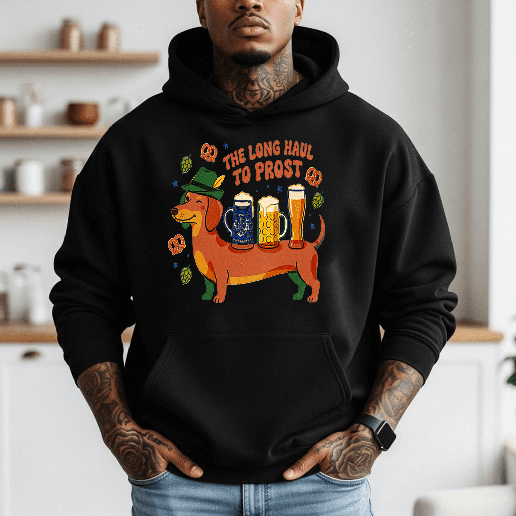 The Long Haul to Prost Dachshund Oktoberfest Hoodie| Funny German Festival Gift for Beer Lovers thumbnail - detail view