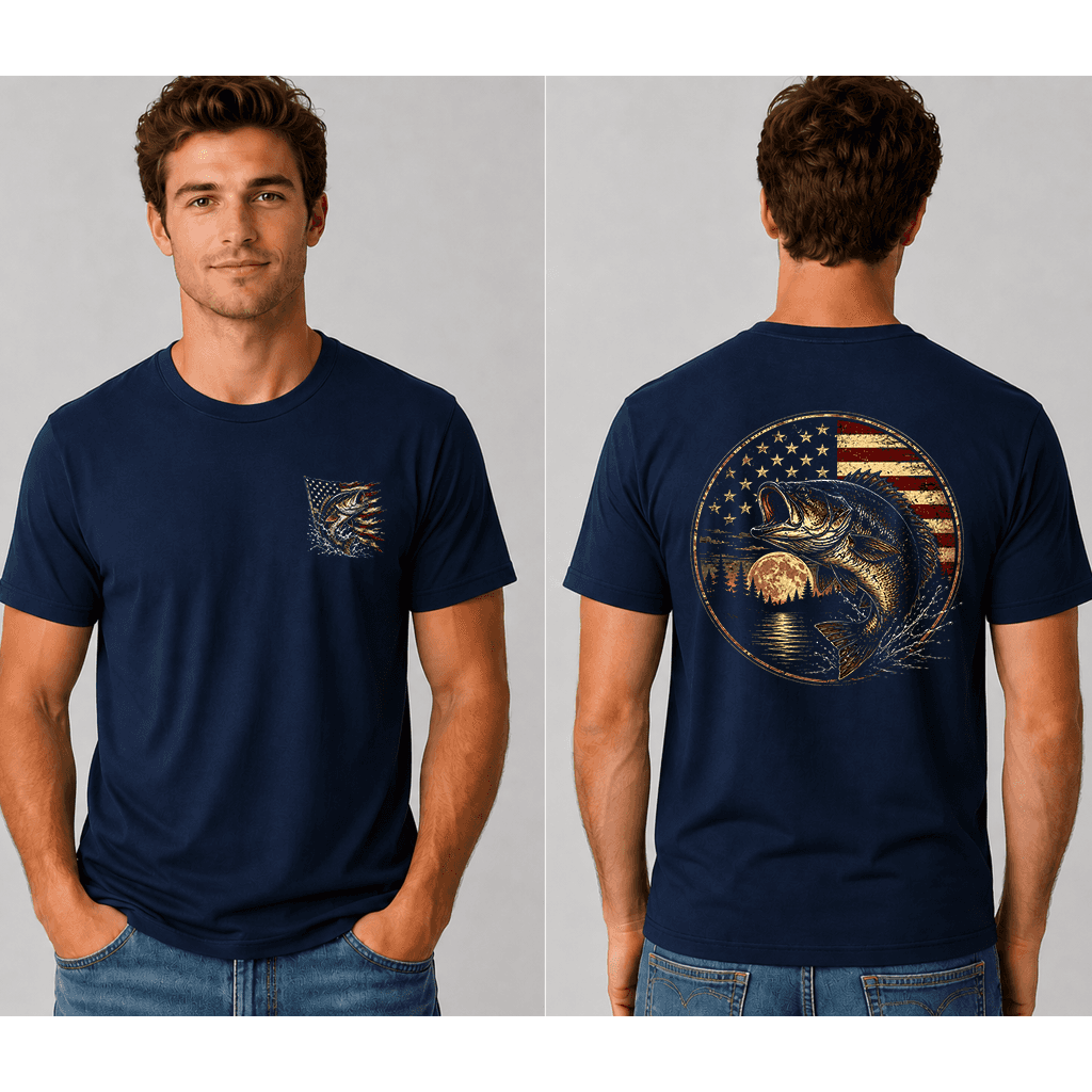 Patriotic Bass Fishing American Flag T-Shirt for Men - Fishing Father's Day Gift for Him thumbnail - detail view