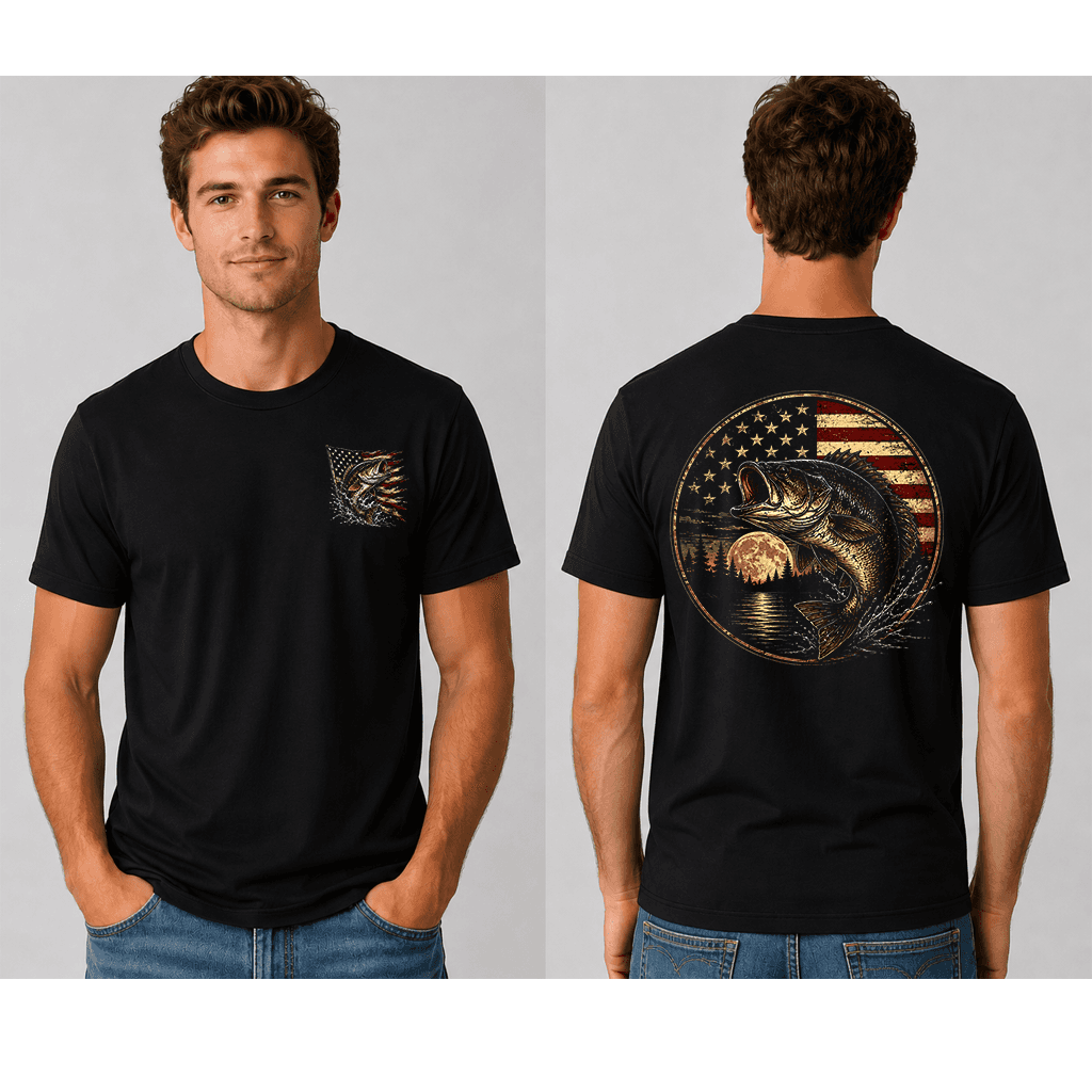 Patriotic Bass Fishing American Flag T-Shirt for Men - Fishing Father's Day Gift for Him thumbnail - back view
