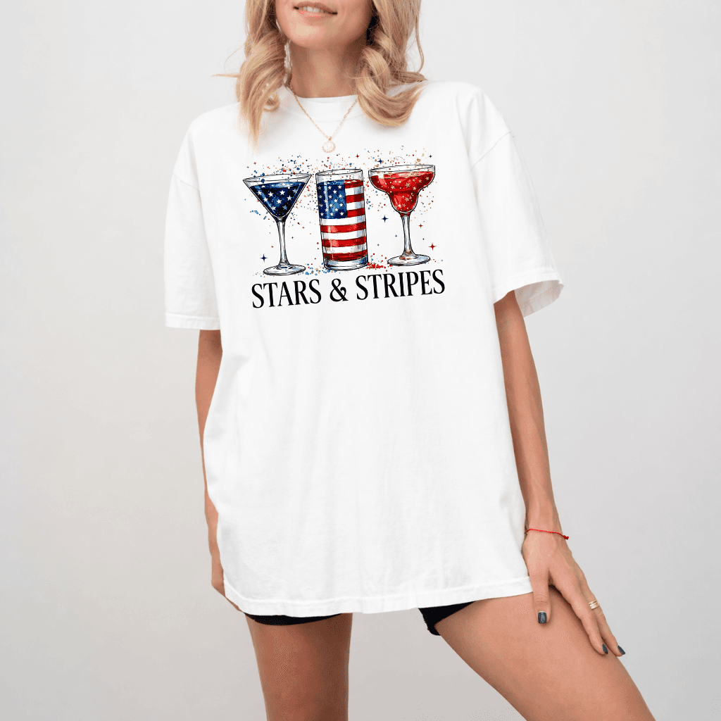 Comfort Colors Retro Stars & Stripes Cocktails Patriotic USA Flag Drinking Shirt - Funny Independence Day Gift for women thumbnail - back view