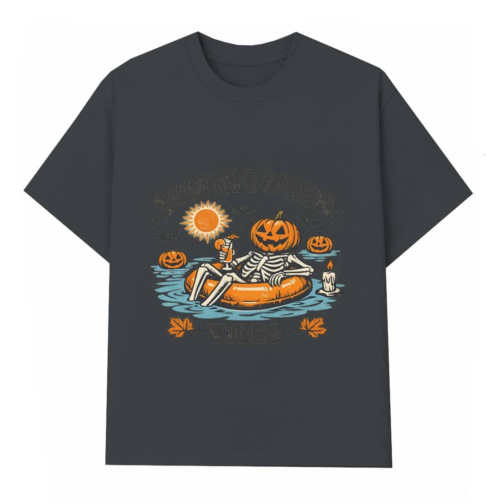 Summerween Vibes Retro Pumpkin Skeleton Floating in Pool Graphic T-shirt