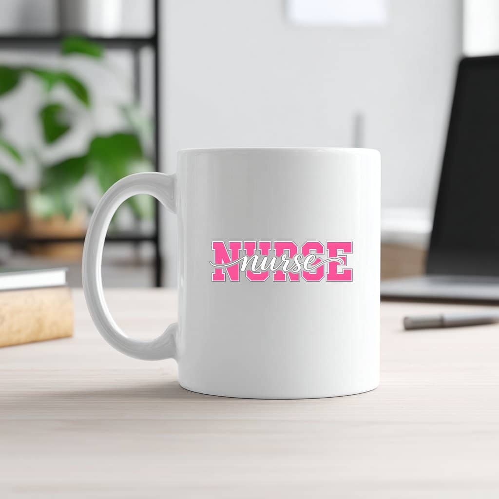 nurse overlay print stacked varsity and script text White Mug