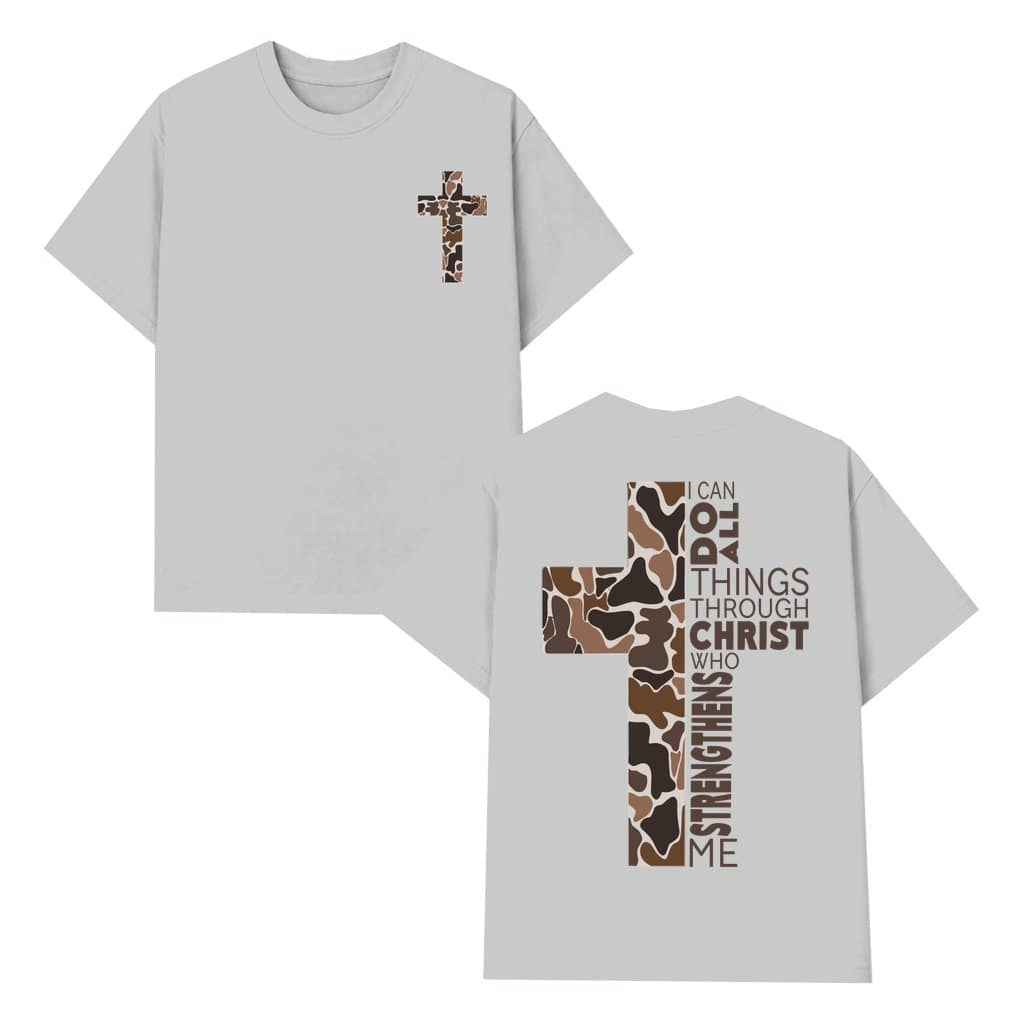 Strength in Christ Camo Cross T-shirt – Religious Faith Gift 2 Sided Print