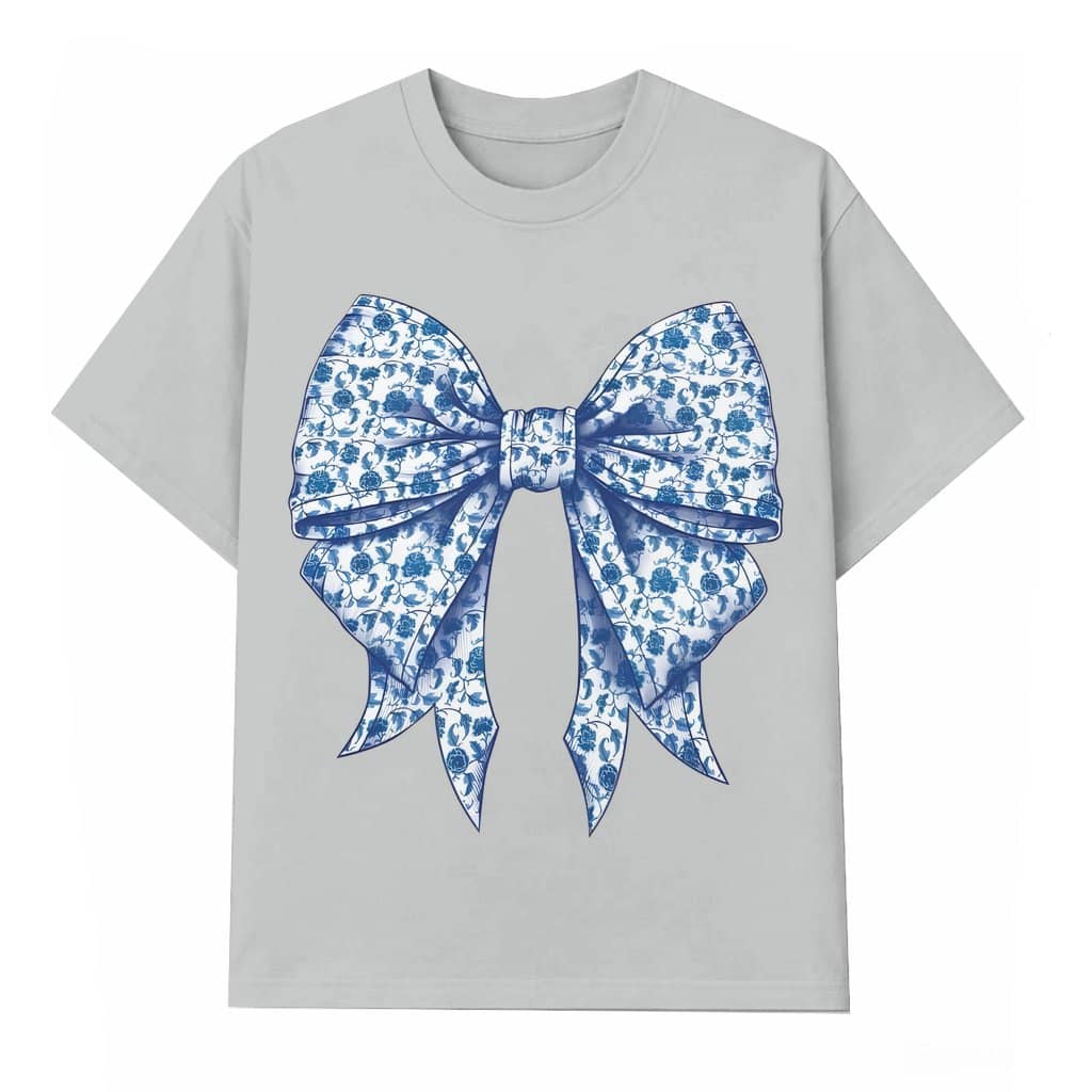 Cute Vintage Blue Bow Wash Tee – Trendy Gift for Her